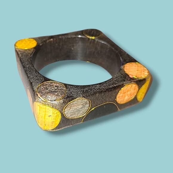 Vintage Modernist Wood Inlay Square Wood Bangle Bracelet - Picture 1 of 12